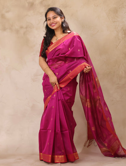 Magenta Handloom Maheswari Silk Cotton Sarees | Looms & Tassels