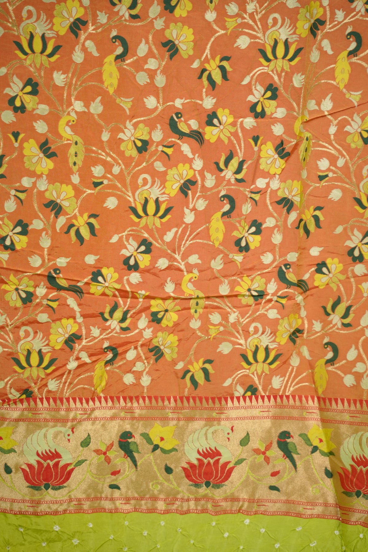Parrot Green Handcrafted Bandhani Paithani Dola Silk Saree | Looms & Tassels