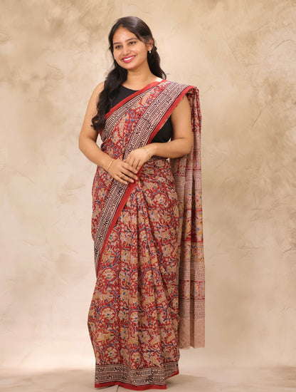 Maroon Hand Block Printed Kalamkari Cotton Saree | Looms & Tassels