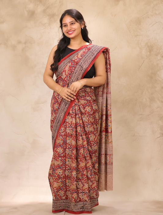 Maroon Hand Block Printed Kalamkari Cotton Saree | Looms & Tassels