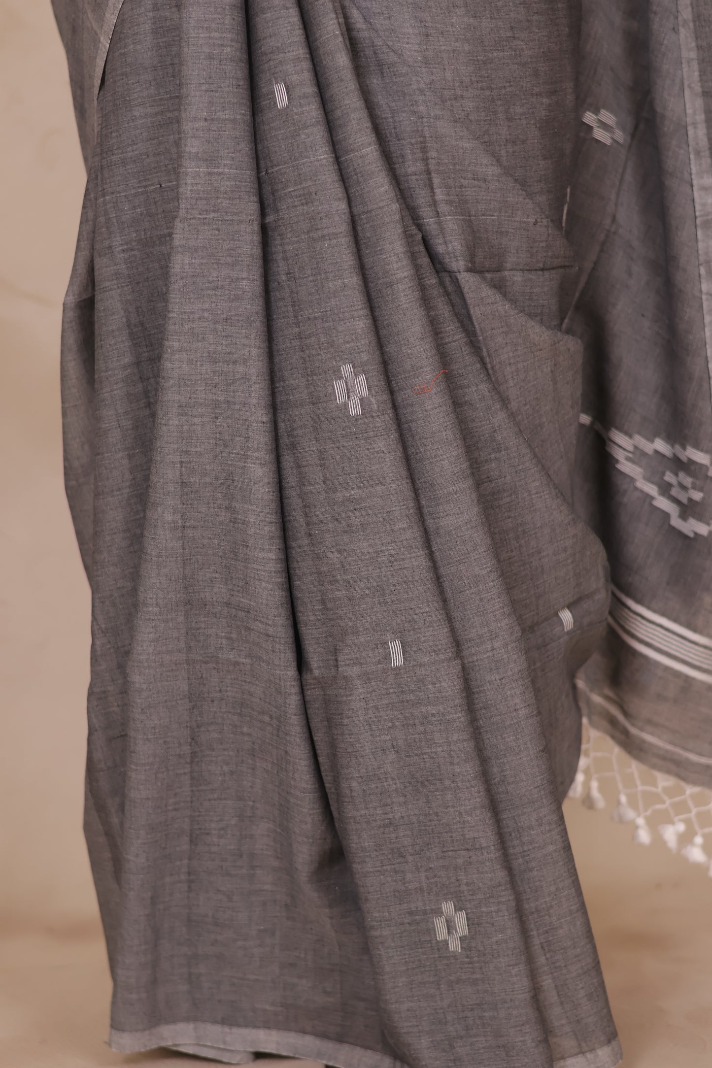 Gray Malai Cotton Saree with Butta Weaving | Looms & Tassels