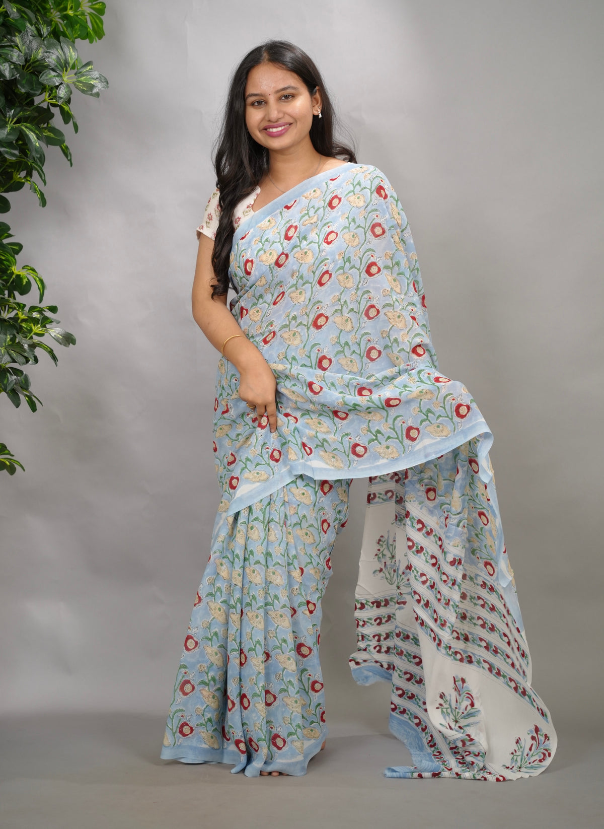 Powder Blue Georgette Hand Block Printed Saree| Looms & Tassels