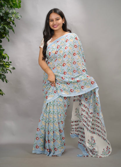 Powder Blue Georgette Hand Block Printed Saree| Looms & Tassels