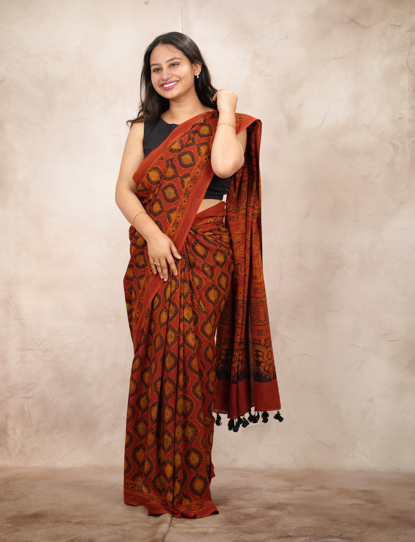 Ajrakh Hand Block Printed Cotton Saree | Looms & Tassels