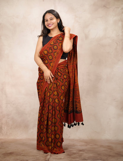 Ajrakh Hand Block Printed Cotton Saree | Looms & Tassels