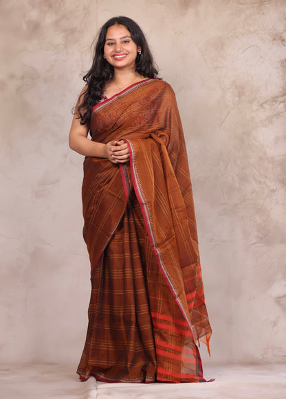 Mustard Narayanpet Cotton Saree lines weaving Saree | Looms & Tassels