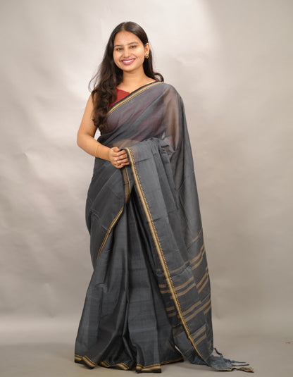 Elephant Grey Narayanpet Cotton Saree | Looms & Tassels