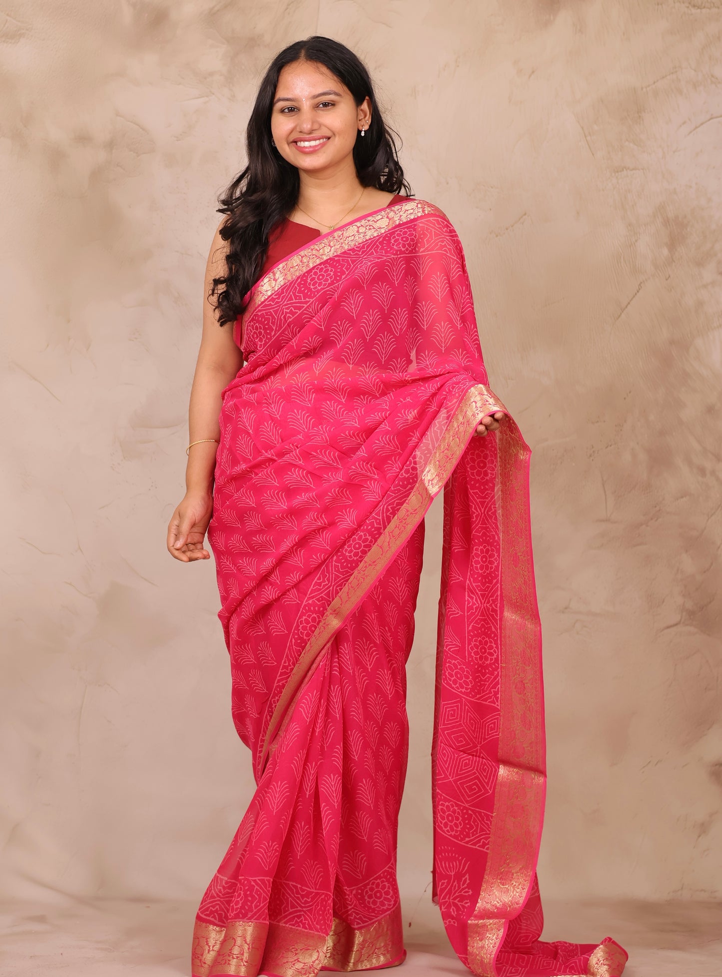Pink Chiffon Hand Block Printed Saree with Jari Border | Looms & Tassels
