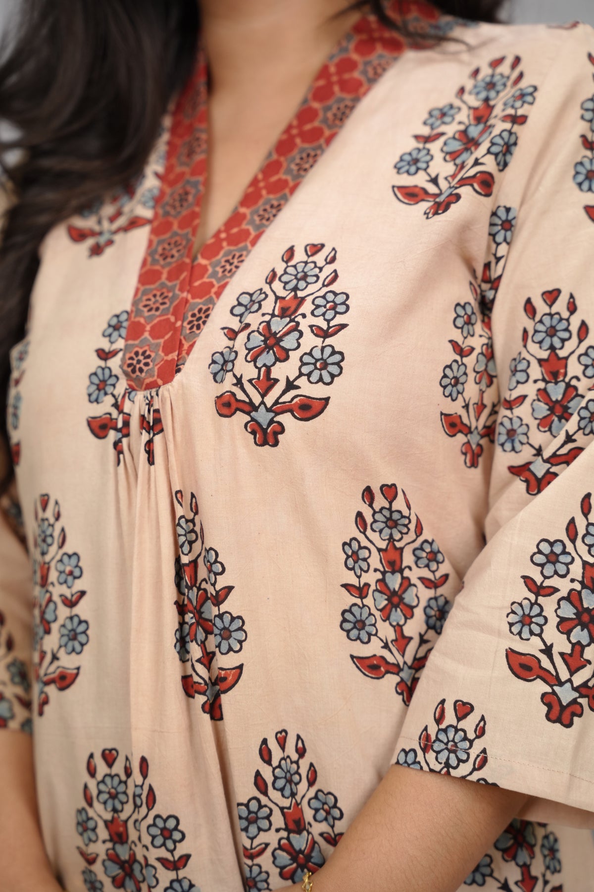 Cream Ajrakh Cotton Patchwork Aline Kurta | Looms & Tassels