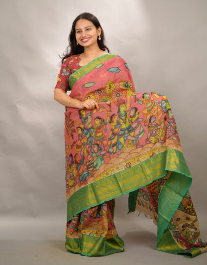 Pink Hand Drawn Pen Kalamkari Bangalore Silk Kanchi Border Saree | Looms & Tassels