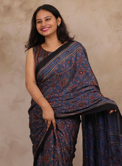 Indigo Handcrafted Ajrakh Modal Silk Saree with Authentic Banjara Mirror Work | Looms & Tassels