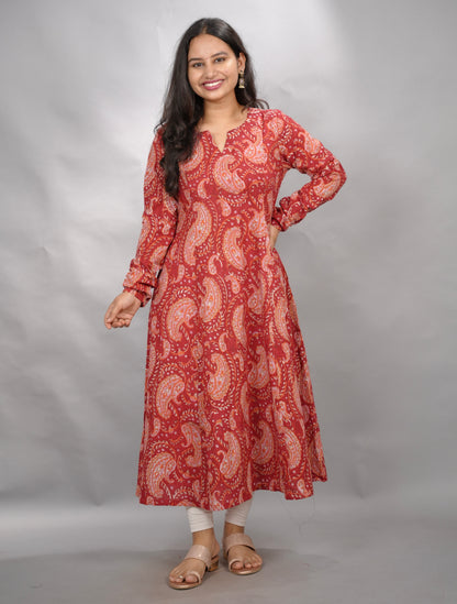 Maroon Pure Mul Cotton Kali Kurta  | Looms & Tassels