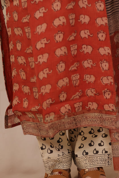 Red Elephant Handblock printed kota 3 piece suit (stitched)