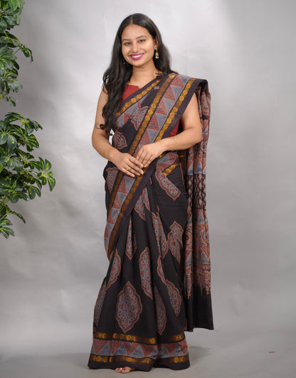 Black Ajrakh Hand Block Printed Sungudi Cotton Saree | Looms & Tassels