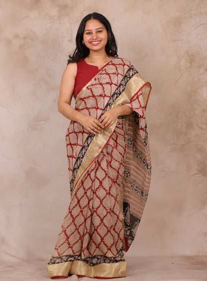 Maroon Chiffon Hand Block Printed Saree with Jari Border | Looms & Tassels
