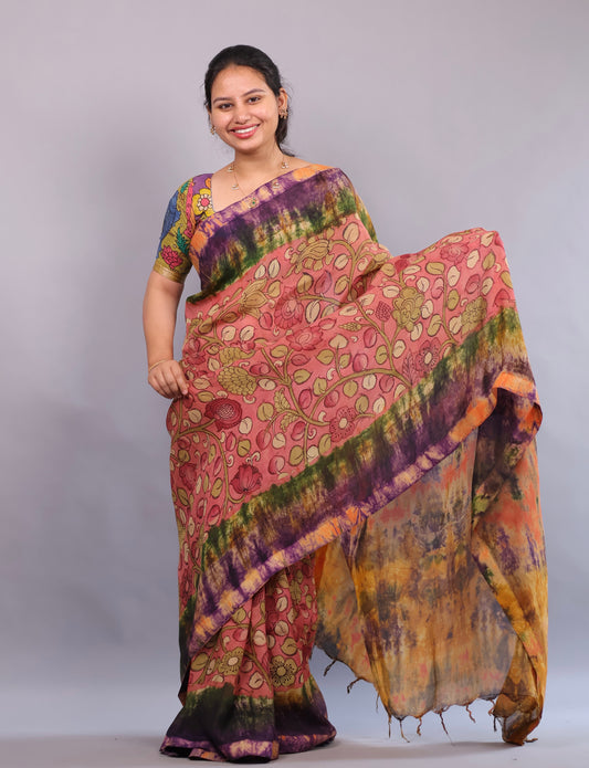 Hand Painted Pen Kalamkari Bangalore Silk Saree with Tie-Dye Borders & Pallu