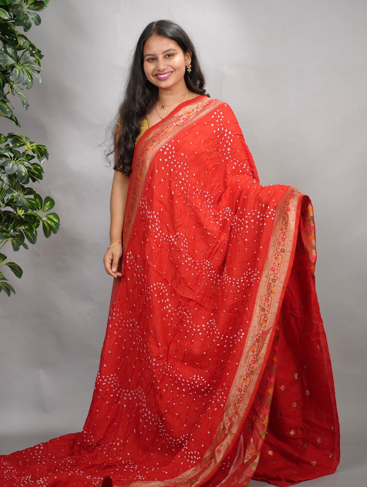 Red Handcrafted  Pattern Bandhani Paithani Dola Silk Saree | Looms & Tassels