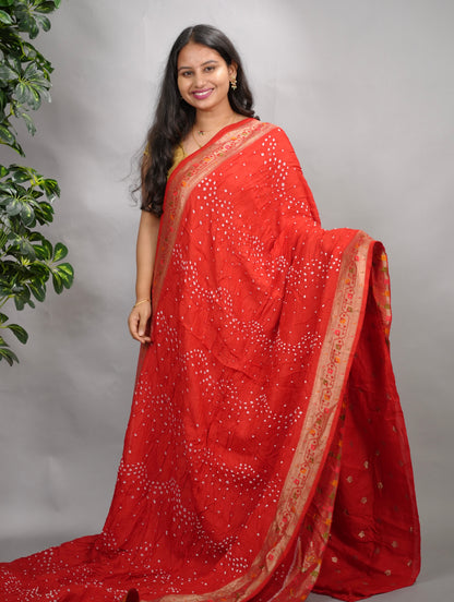 Red Handcrafted  Pattern Bandhani Paithani Dola Silk Saree | Looms & Tassels