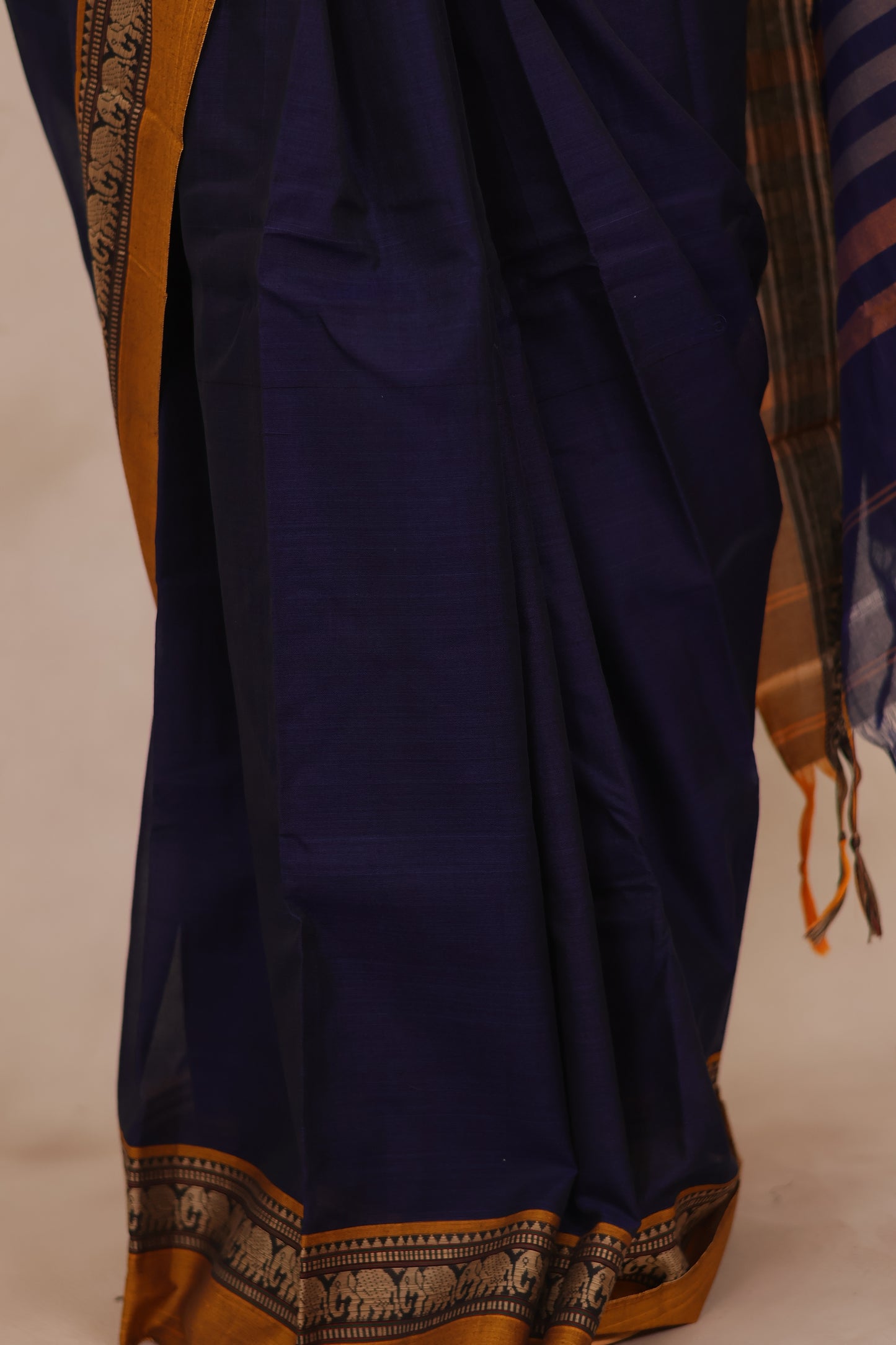 Blue Narayanpet Cotton Saree with Elephant Border | Looms & Tassels