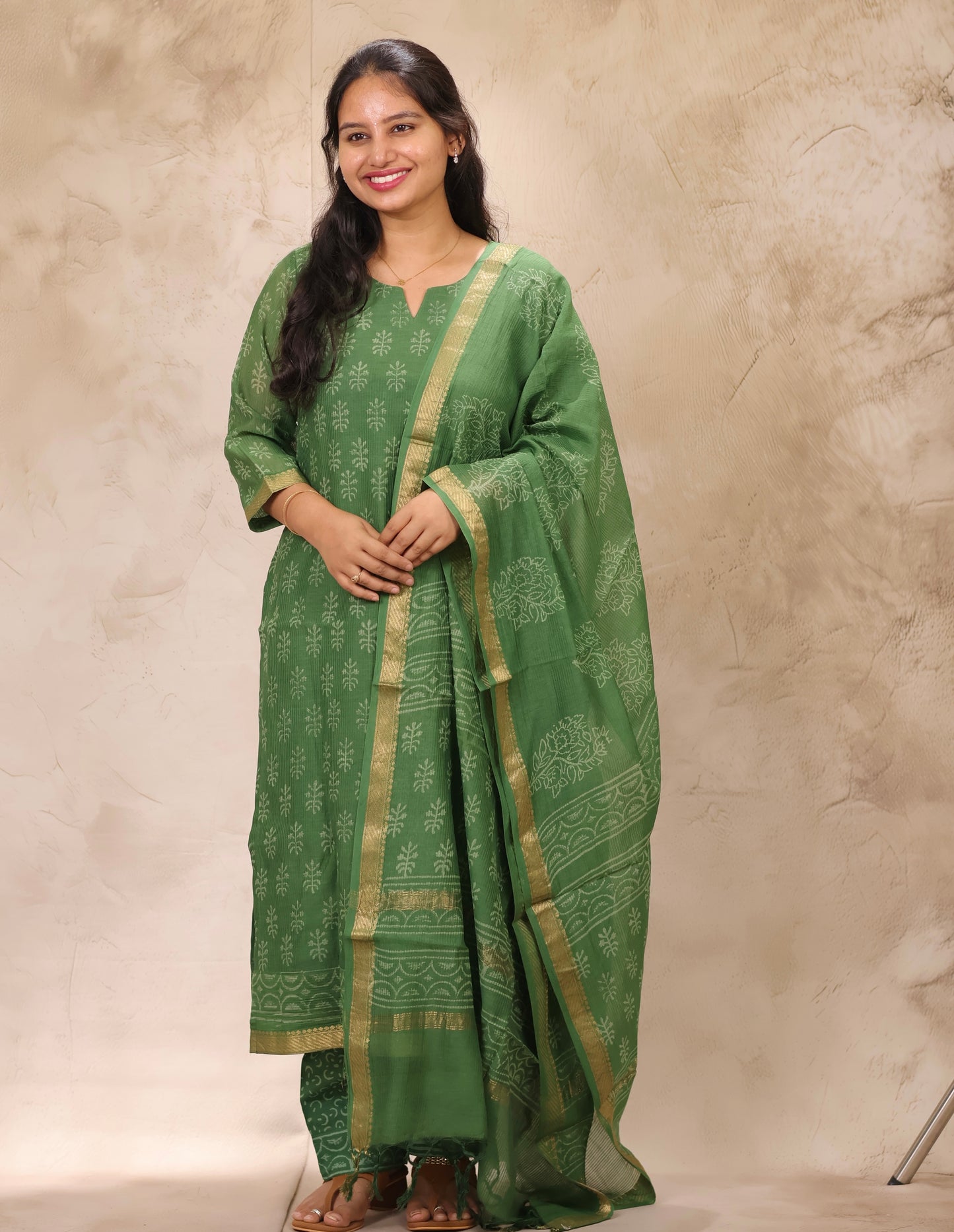 Green Handblock printed Pure Maheswari Silk 3 piece suit (stitched)