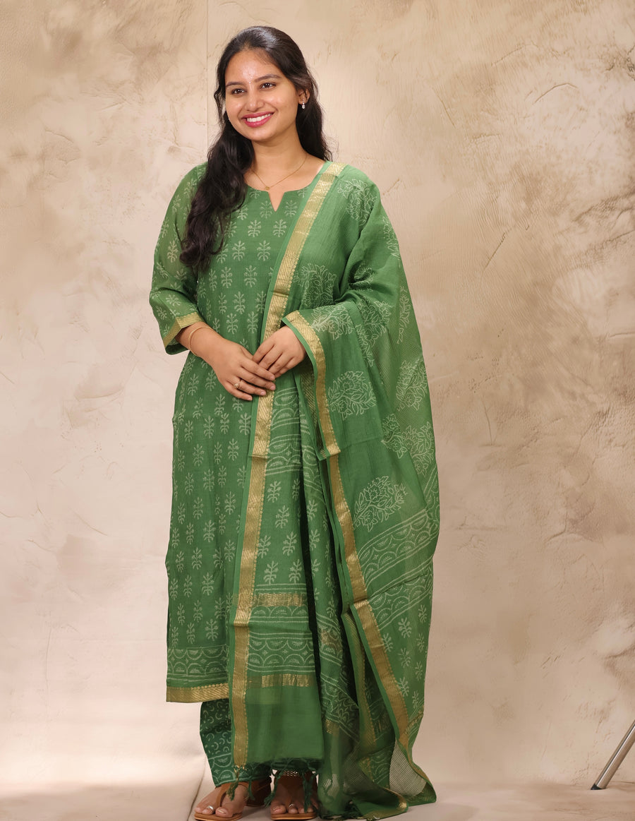 Green Handblock printed Pure Maheswari Silk 3 piece suit (stitched)