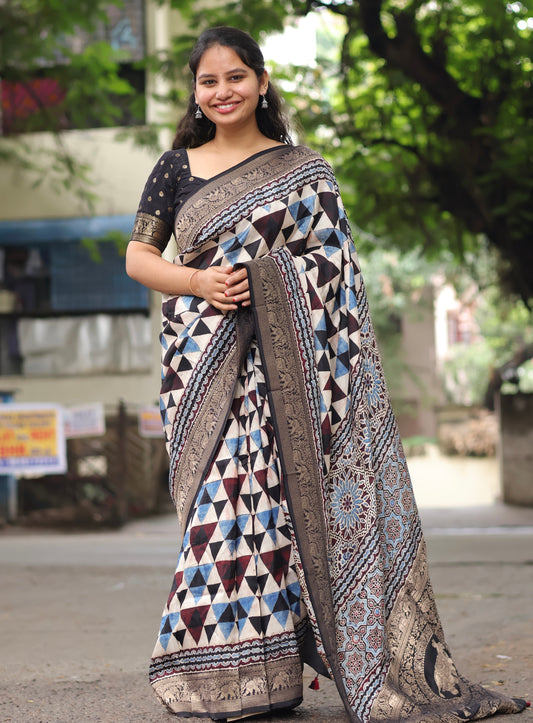 Contemporary Ajrakh Dola Silk Saree