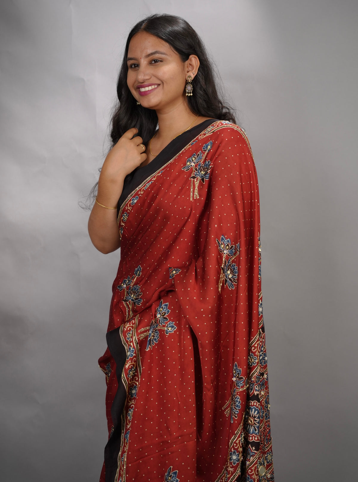 Maroon Ajrakh Modal Silk Hand Embroidery Saree  | Looms & Tassels