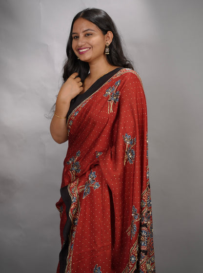 Maroon Ajrakh Modal Silk Hand Embroidery Saree  | Looms & Tassels