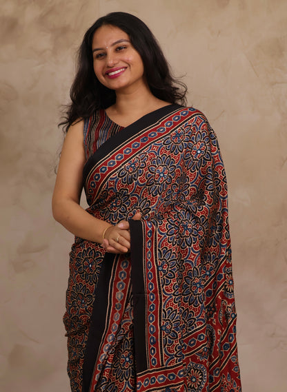 Red Handcrafted Ajrakh Modal Silk Saree with Authentic Banjara Mirror Work | Looms & Tassels