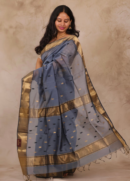 Grey Handloom Maheswari Silk Cotton Sarees | Looms & Tassels