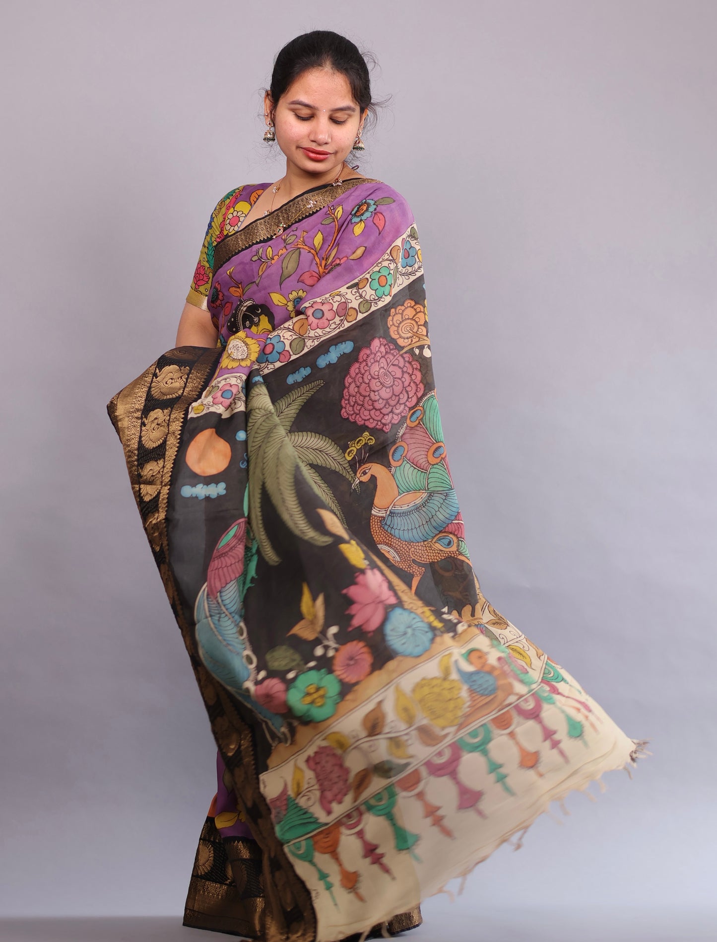 Lavender Hand Painted Pen Kalamkari Silk Saree