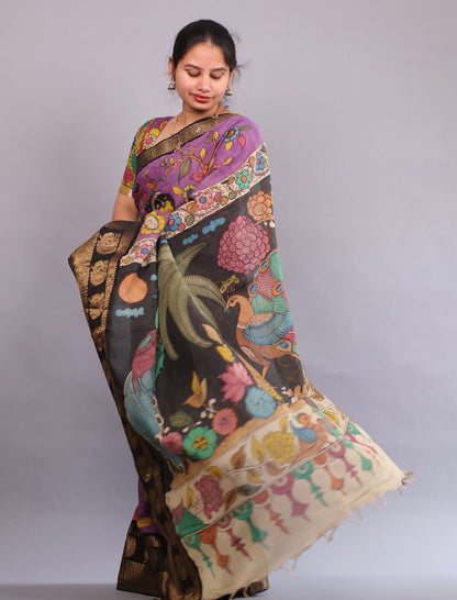 Lavender Hand Painted Pen Kalamkari Silk Saree