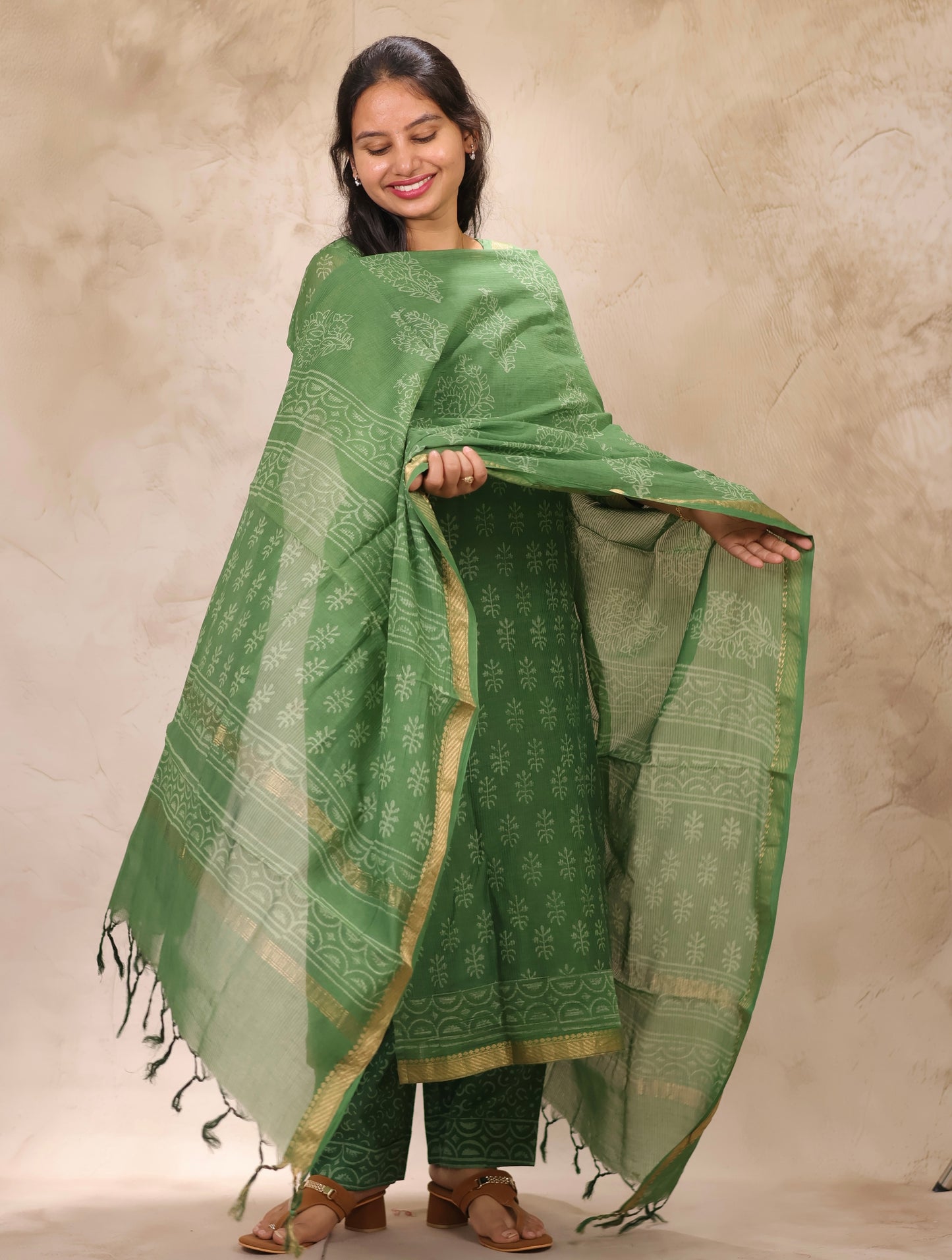 Green Handblock printed Pure Maheswari Silk 3 piece suit (stitched)