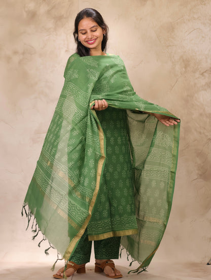 Green Handblock printed Pure Maheswari Silk 3 piece suit (stitched)