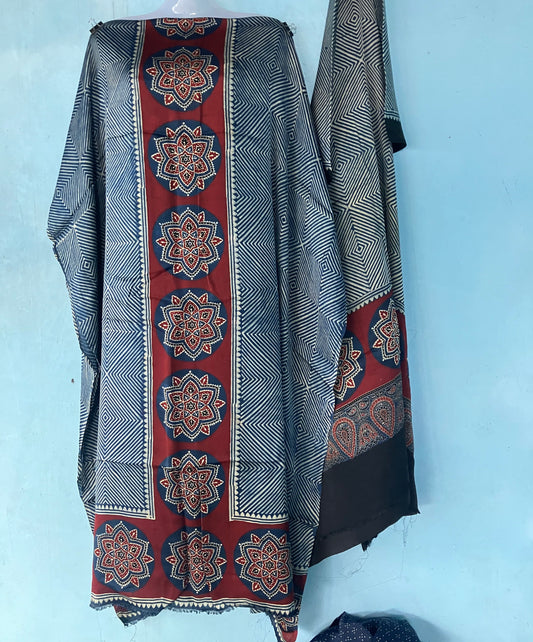 Indigo & Red Striped Ajrakh Handblock Printed Modal Silk 2 Piece Suit Set