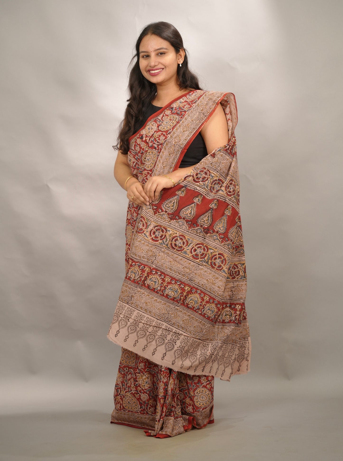 Red Hand Block Printed Kalamkari Cotton Saree | Looms & Tassels