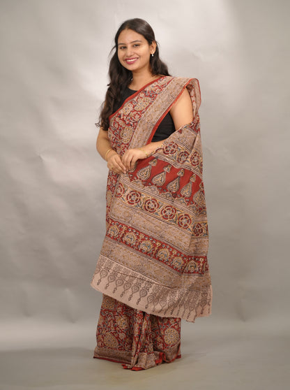 Red Hand Block Printed Kalamkari Cotton Saree | Looms & Tassels