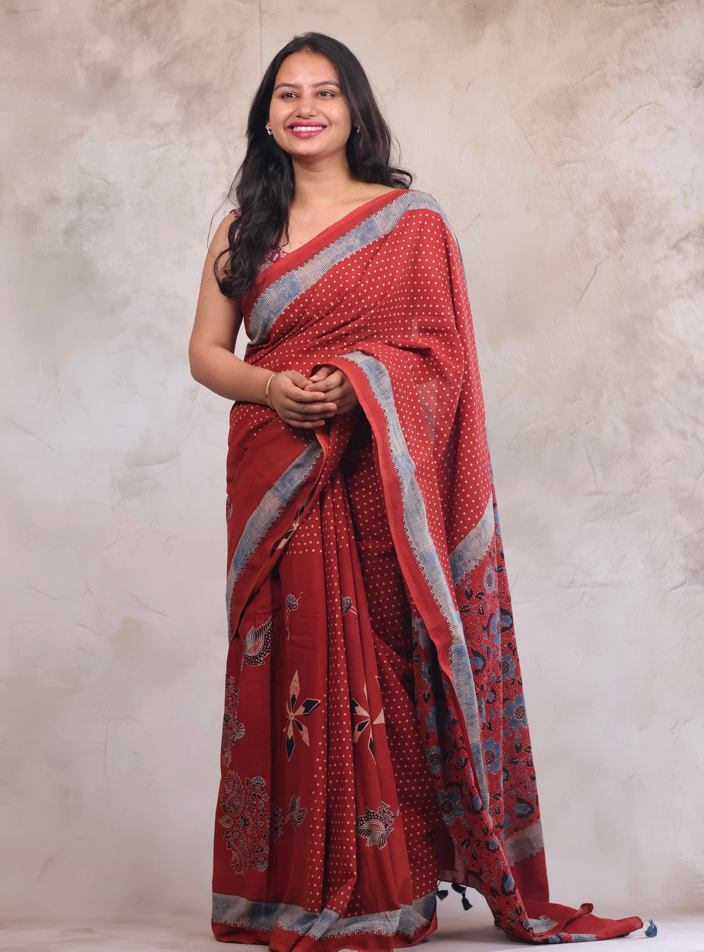 Red Ajrakh Hand Block Printed Mul Cotton Saree | Looms & Tassels