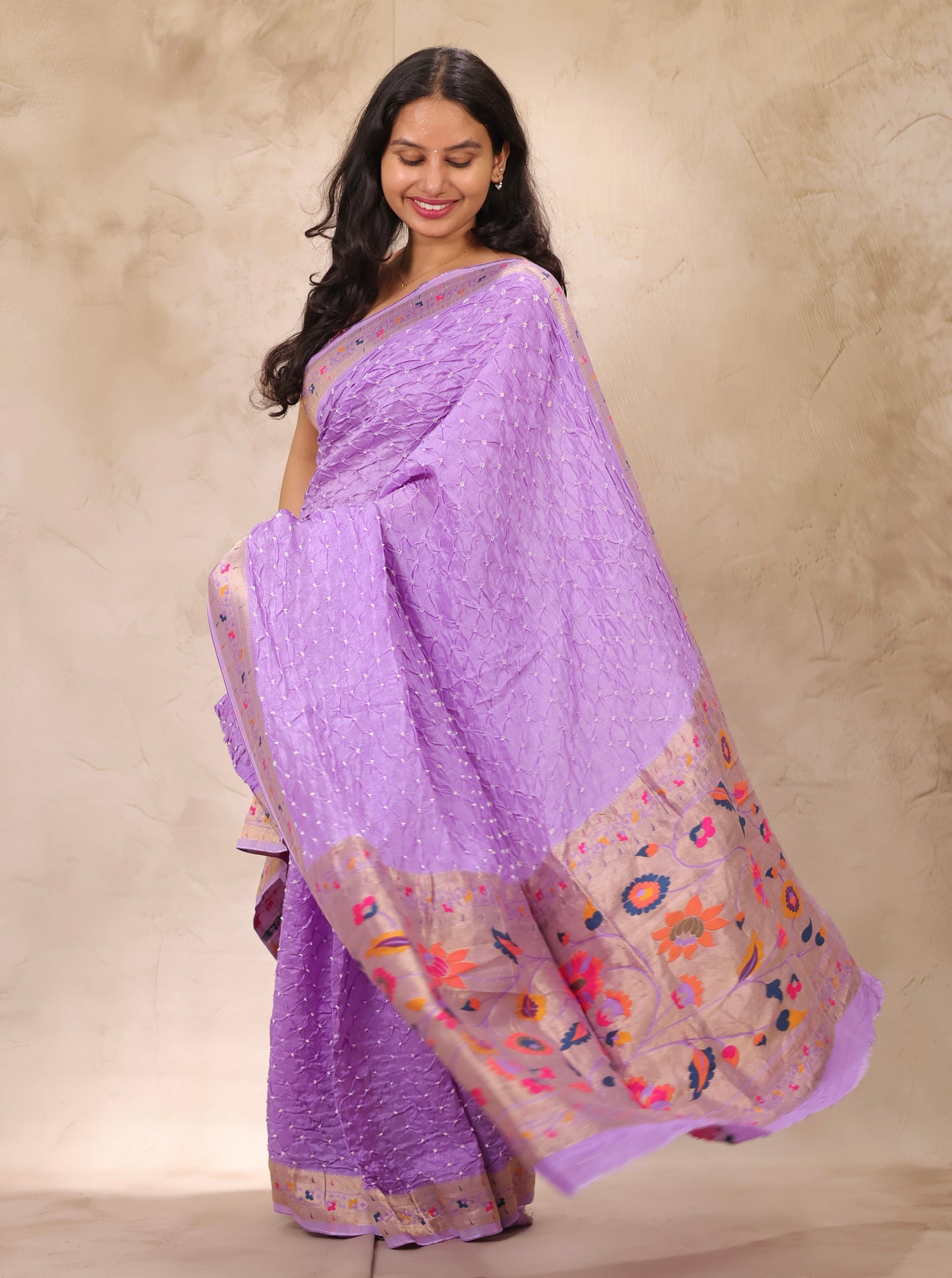 Pastel Lavender Handcrafted Bandhani Paithani Dola Silk Saree | Looms & Tassels