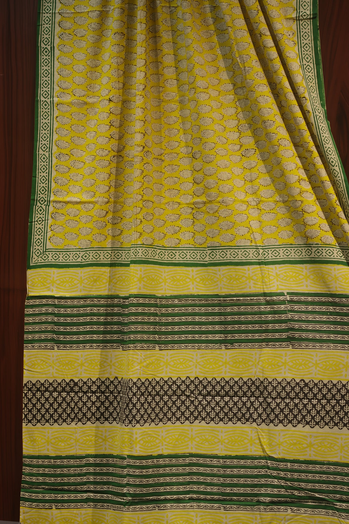 Yellow Bagru Handblock printed MulMul cotton saree