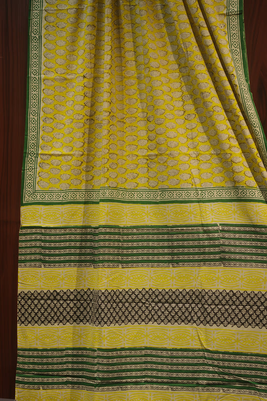 Yellow Bagru Handblock printed MulMul cotton saree