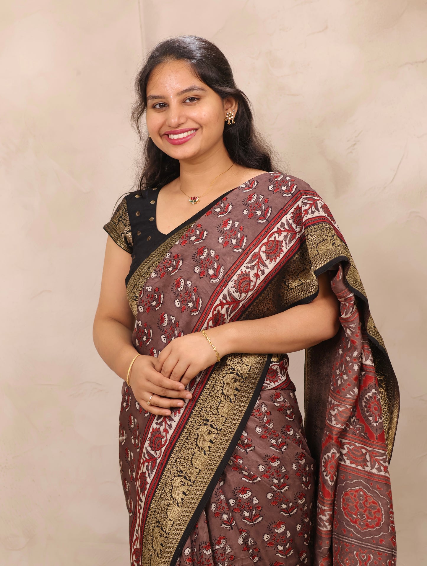 Dusty Brown Ajrakh Handblock printed Dola Silk Saree | Looms & Tassels