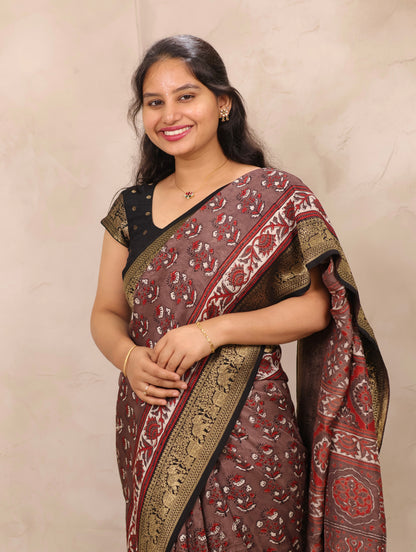 Dusty Brown Ajrakh Handblock printed Dola Silk Saree | Looms & Tassels