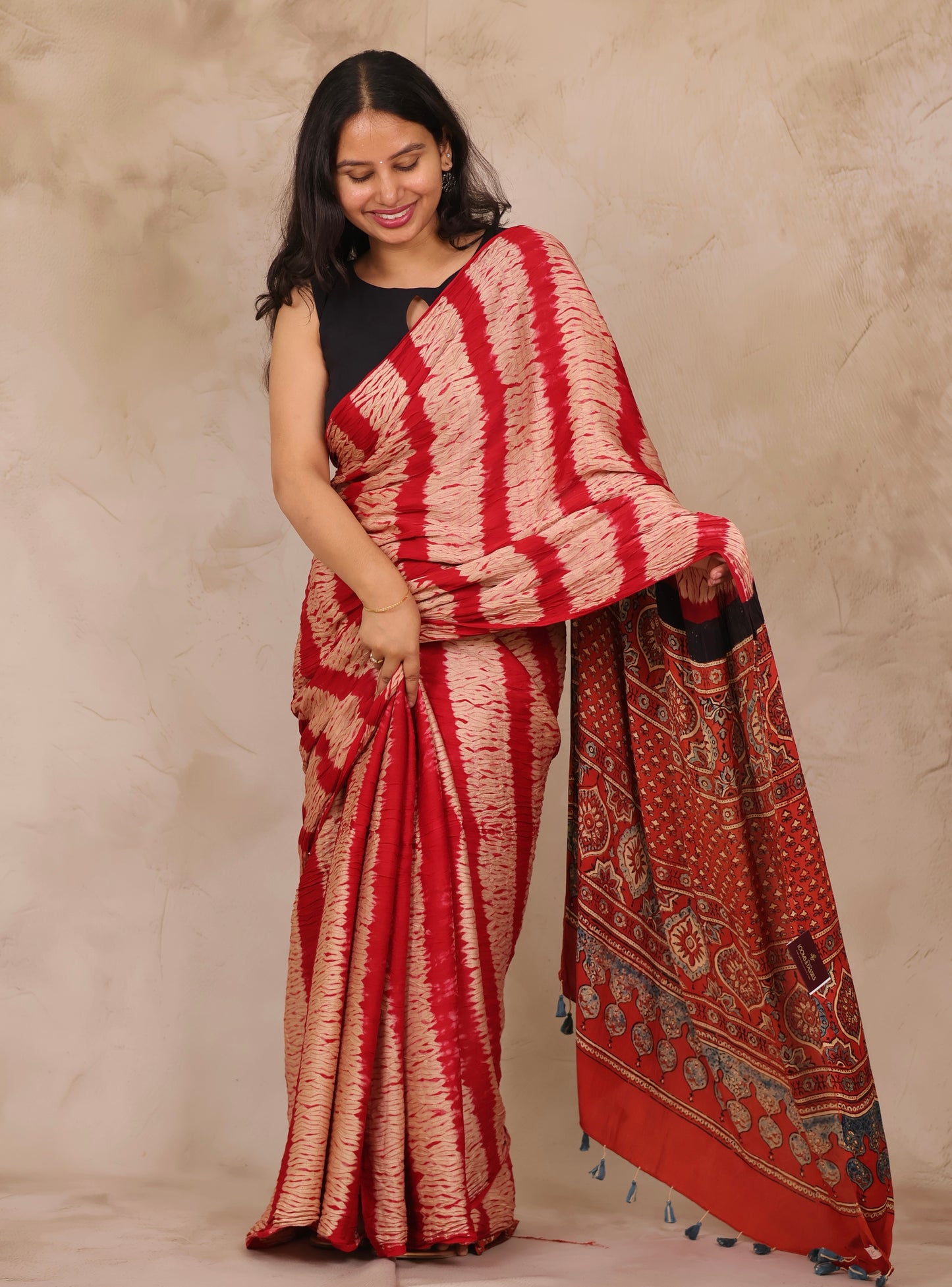 Red Needle Shibori and Ajrakh Handblock Printed Modal Silk Saree | Looms & Tassels