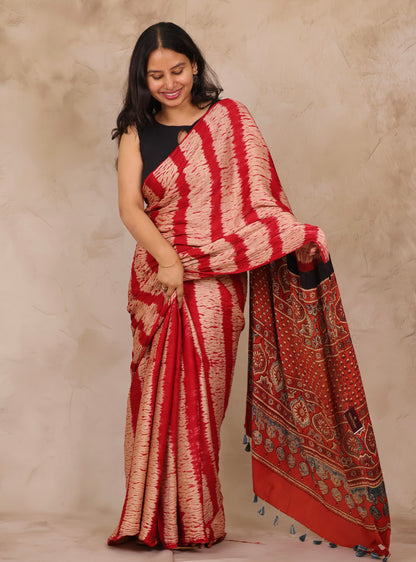 Red Needle Shibori and Ajrakh Handblock Printed Modal Silk Saree | Looms & Tassels