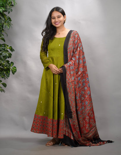 Parrot  Green Ajrakh Patch Work Narayanpet Cotton Anarkali Dress with Ajrakh Modal Silk Dupatta | Looms & Tassels