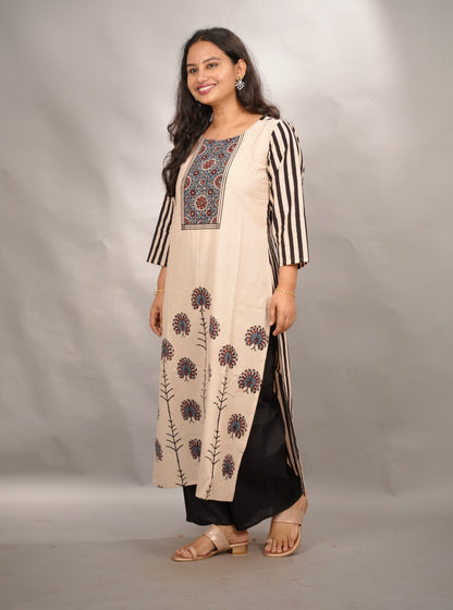 Cream Ajrakh Pattern Hand Block printed Kurti | Looms & Tassels
