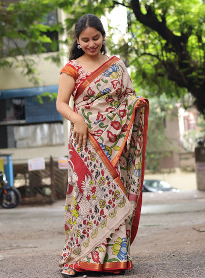 Lotus Kalamkari Nizam Border Silk Saree
