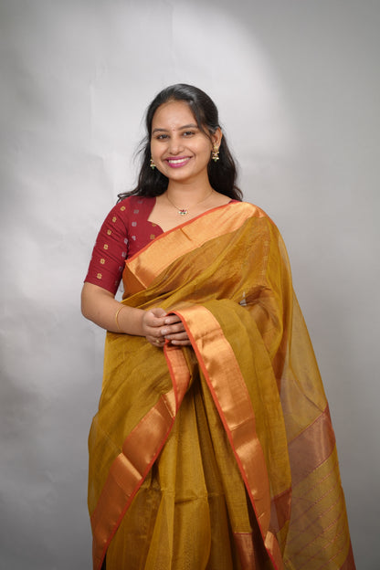 Mustard Yellow Checks Handloom Maheswari Tissue Silk Cotton Sarees | Looms & Tassels