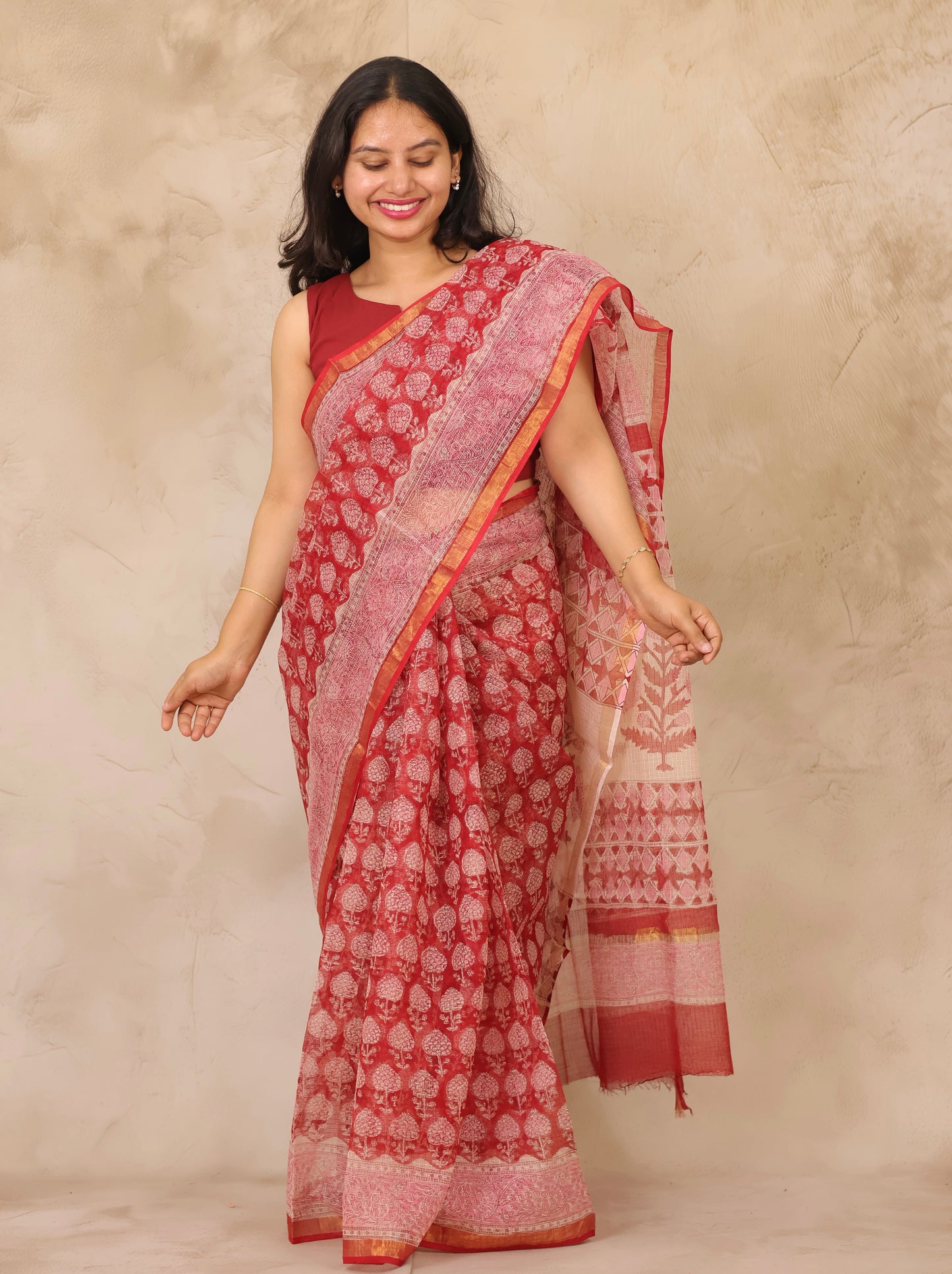 Maroon Pure Kota Doria Saree with Bagru Handblock Prints | Looms & Tassels